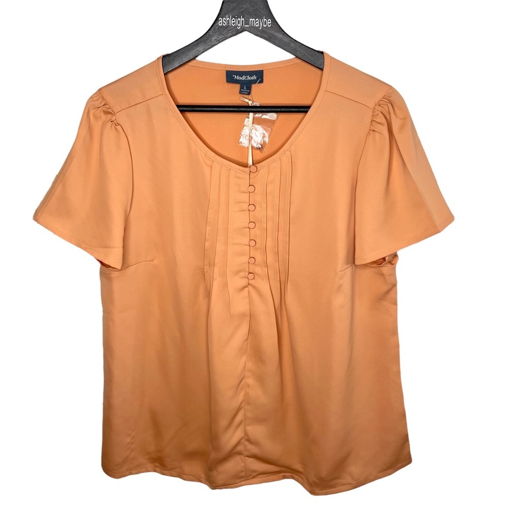 ModCloth | Lucky Pintuck Short Sleeve Button Blouse Orange Size Large NWT
